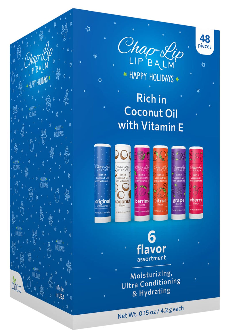 Chap-Lip Lip Balm Rich in Coconut Oil & Vitamin E - Moisturizing, Ultra Conditioning & Hydrating - Total Lip Moisturizer & Lip Therapy Treatment - Happy Holidays 6 Flavor Assortment, 48 Count Holiday Edition
