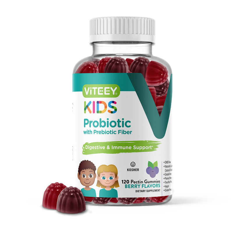 Viteey Probiotic Gummies for Kids Plus Prebiotics Fiber - 2 Billion CFUs | Digestive Health, Gut Health, Constipation Relief for Kids Support - Vegan, Gelatin Free - Chewable Probiotic Berry Flavored 120 Count (Pack of 1)