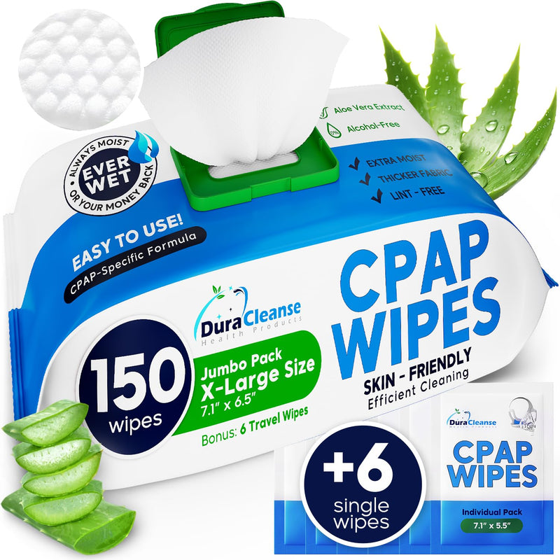 [Australia] - CPAP Mask Wipes - 150 Count Jumbo Pack + 6 Travel Sheets - Dura Cleanse Extra Large, Extra Moist Cleaning Wipes for Full Face, Nasal Masks Unscented Cleaner for CPAP Machine, Supplies and Accessories 156 Count (Pack of 1) 