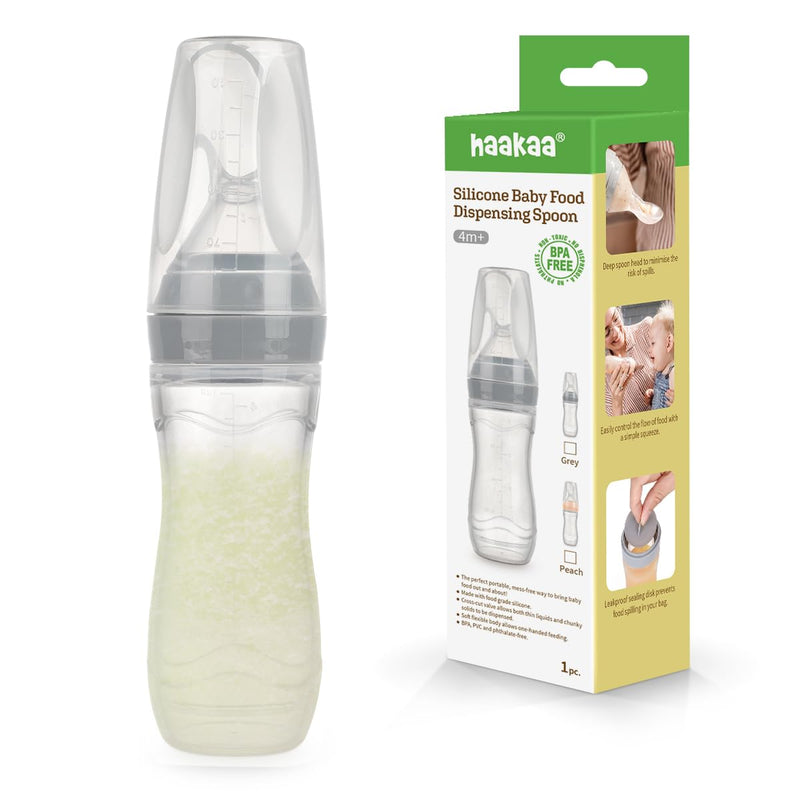 [Australia] - Haakaa Silicone Baby Food Dispensing Spoon Feeder 4oz - Infant Squeeze Cereal Feeder, Baby Fresh Food Feeder, Feed Bottle for Puree, Solid Baby Food, BPA Free, 4m+ Babies – Grey 