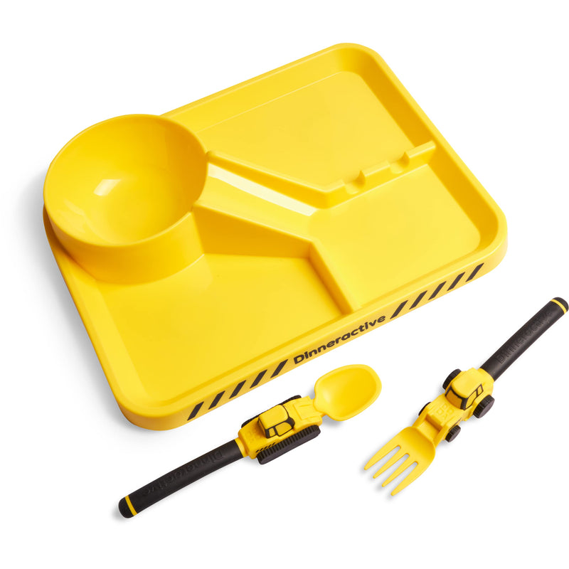 [Australia] - Dinneractive Dining Set for Kids - 3 Piece Construction Themed Toddler Utensils & Toddler Plates - Toddler Forks and Spoons - Kid Plate set Yellow 