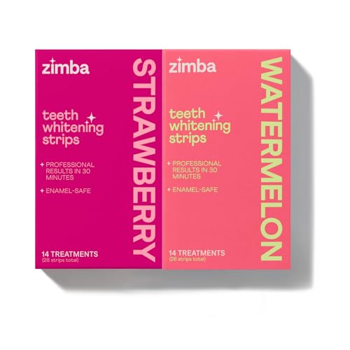 Zimba Teeth Whitening Strips for Teeth Sensitive, White Strips for Teeth Whitening, Teeth Whitener Stain Remover 28 White Strips Included Per Pack, 2 Pack (14 Day Treatment), Strawberry and Watermelon