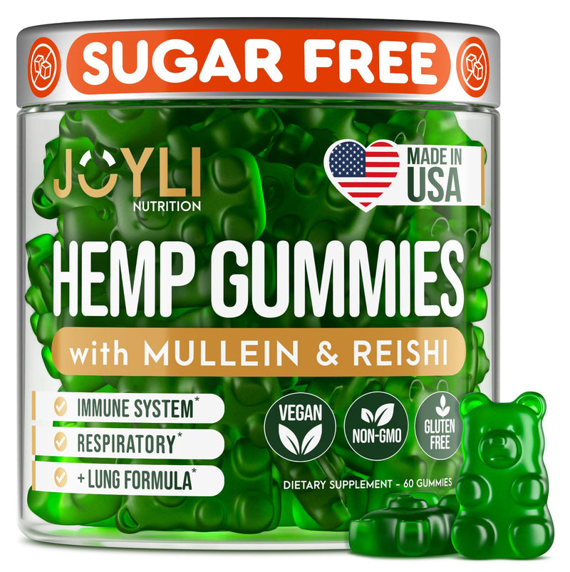 JOYLI Hemp Gummies - Natural Lung Cleanse with Mullein Leaf & Reishi Mushroom - Extra Strength Clean Lung Support Supplement with Vitamins A, C, D & E - Sugar-Free, Vegan, Non-GMO - 60 Edibles 60 Count (Pack of 1)