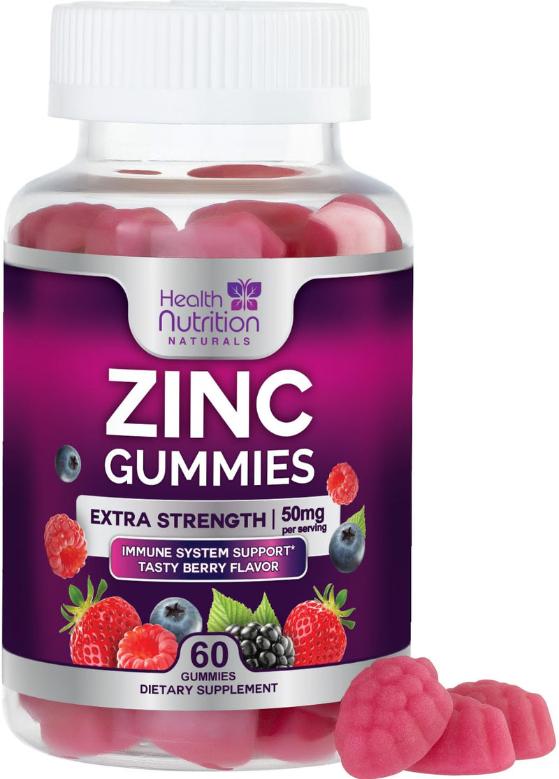 [Australia] - Zinc Supplement 50mg Gummies for Adults - Max Strength Skin Health & Immune Support Gummy, Vegan, Non-GMO & Gluten Free, Nature‚Äôs Antioxidant & Bone Health Chewable Tasty Berry Flavor - 60 Gummies 60 Count (Pack of 1) 