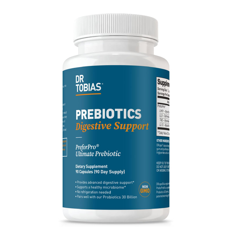 Dr. Tobias Prebiotics Digestive Support, Advanced Prebiotic Supplement for Gut Health, Immune Function & Boost for Probiotics for Women & Men, Vegan, Non-GMO, 90 Capsules, 90 Servings 90 Count (Pack of 1)