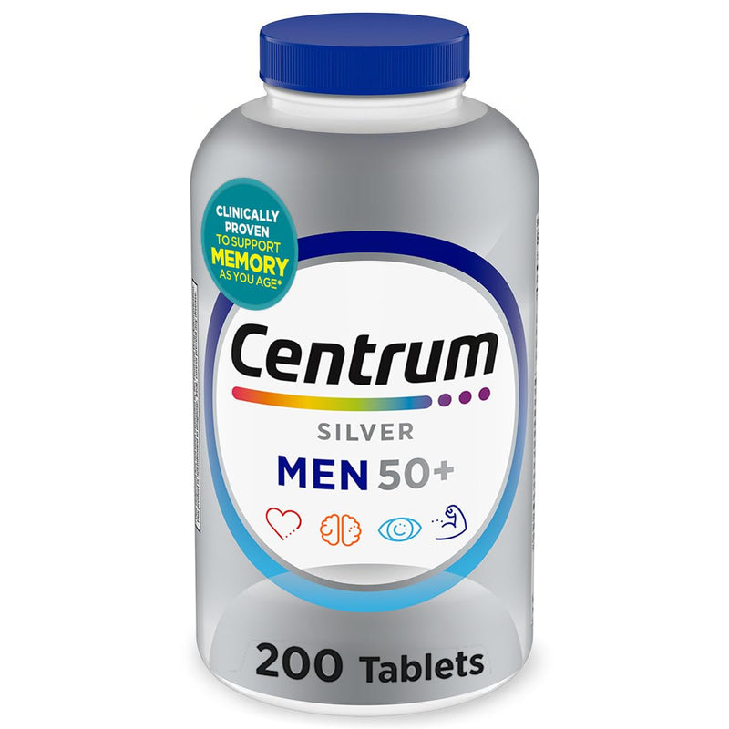 Centrum Silver Men's 50+ Multivitamin with Vitamin D3, B-Vitamins, Zinc for Memory and Cognition - 200 Tablets | Contains Vitamins D3, E, B6, and B12, Gluten Free, Non-GMO Ingredients, GLP-1 Support New 200 Count (Pack of 1)