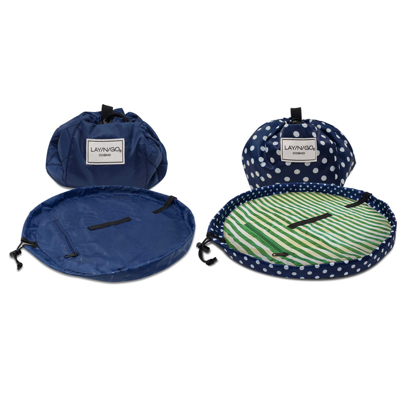Lay-n-Go Cosmo Drawstring Cosmetic Bag Organizer - Portable Drawstring Makeup Bag w/Zipper Pocket, Loops & More - Machine Washable Makeup Bag for Travel (20", Navy/Green Dot Stripe + Navy)