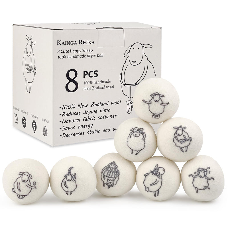 [Australia] - Wool Dryer Balls, 8PCS Dryer Balls with Happy Sheep - Natural & Organic, 100% New Zealand Wool Handmade, Chemical-Free Reusable Laundry Balls, Anti-Static Reduce Wrinkles and Save Time White 