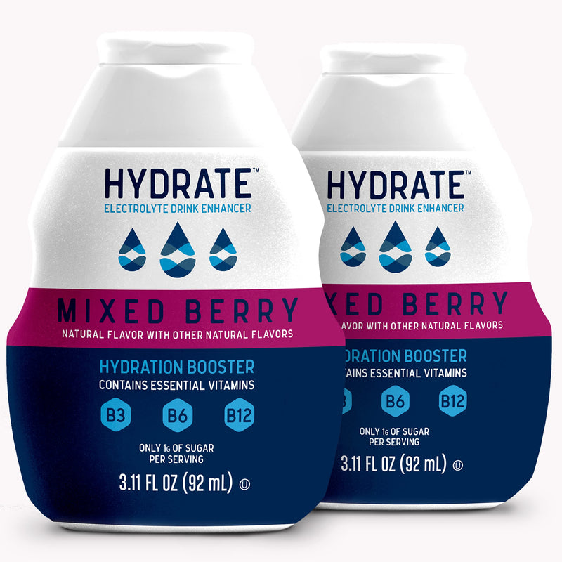 hydrate Electrolyte Liquid Drink Enhancer Drops, Low Sugar, Low Calorie, Natural Flavor Hydration Mix with Essential Vitamins B3 B6 B12 (6.22 Fl Oz (Pack of2), Mixed Berry) 3.11 Fl Oz (Pack of 2)