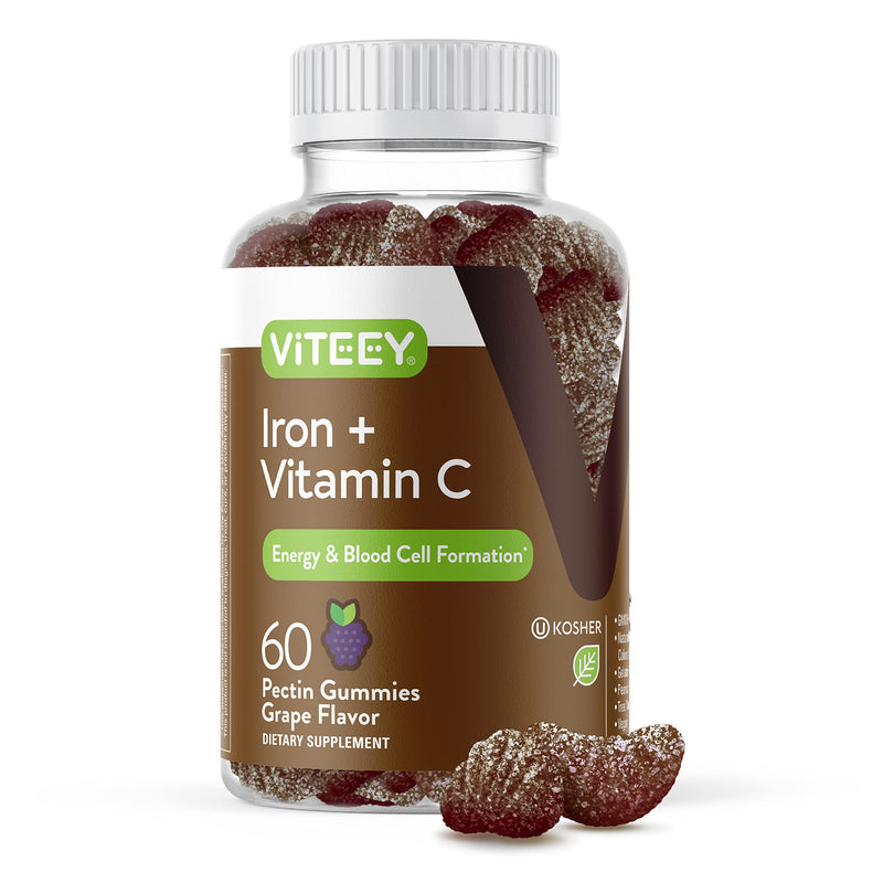 [Australia] - Iron Gummies 20mg + Vitamin C 26mg for Iron Deficiency and Anemia, Supports Energy, Blood Cell Formulation, Blood Builder, Vegan Supplements, Gluten Gelatin and GMO Free, Chewable Grape Gummy Chews 60 Count (Pack of 1) 