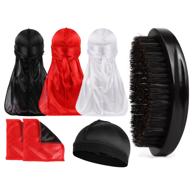 360 Wave Brush Set with Curved Medium Hard Brushes, Durag, Crown Patch - Hair Waves Starter Kit for Men Set B-Black,White,Red