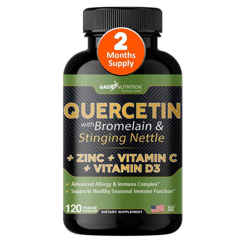 [Australia] - Quercetin with Vitamin C and Zinc - Nettle Quercetin - Quercetin 500mg - Quercetin with Bromelain - Zinc Quercetin + Vitamin D3 - 120 Veggie Caps - (Non-GMO, Gluten-Free, Vegan) - 2 Month Supply 120 Count (Pack of 1) 