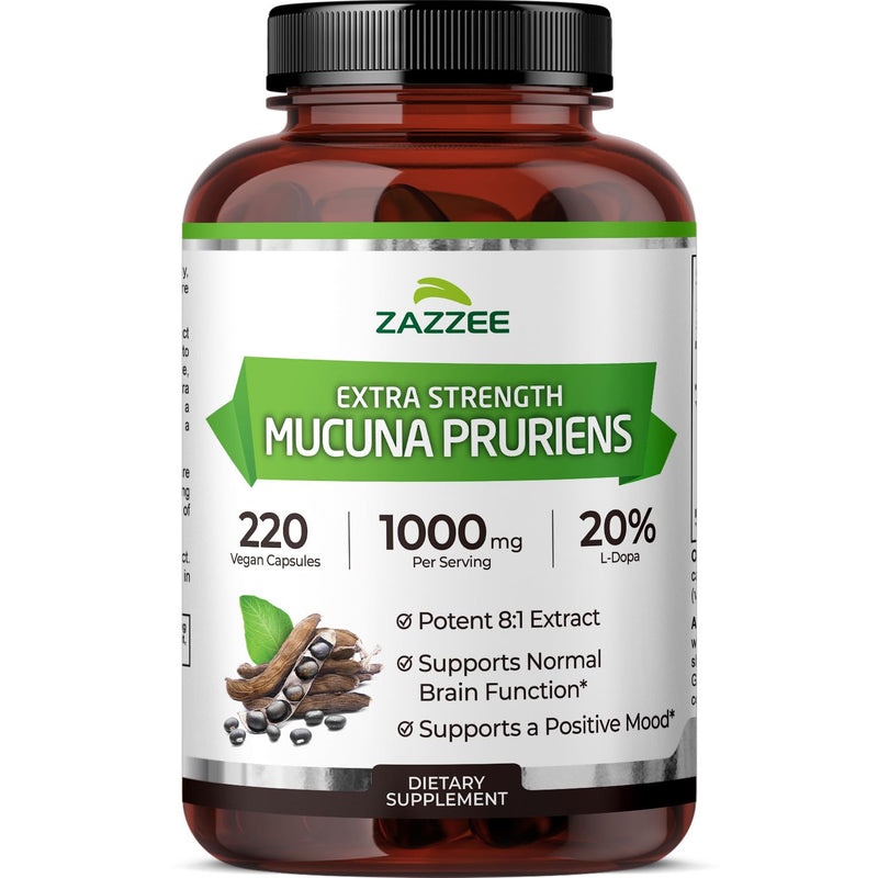 [Australia] - Zazzee Extra Strength Mucuna Pruriens 8:1 Extract, Minimum 20% L-Dopa, 1000 mg, 220 Vegan Capsules, 110 Day Supply, Concentrated and Standardized 8X Extract, 100% Vegetarian, All-Natural and Non-GMO 
