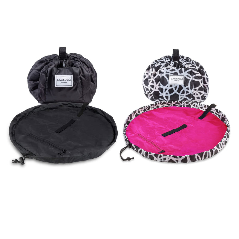 Lay-n-Go Cosmo Drawstring Cosmetic Bag Organizer - Portable Drawstring Makeup Bag w/Zipper Pocket, Loops & More - Machine Washable Makeup Bag for Travel (20", Black/White Rings + Black)
