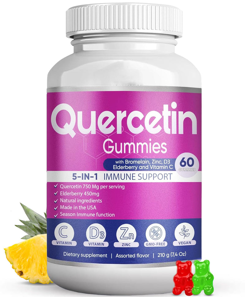 [Australia] - Quercetin Gummies by BioVitalica - Quercetin with Bromelain Vitamin C and Zinc & Elderberry + Vitamin D3-5 in 1 Immune Support - Zinc Quercetin 750 mg for Kids and Adults (1) 60 Count (Pack of 1) 