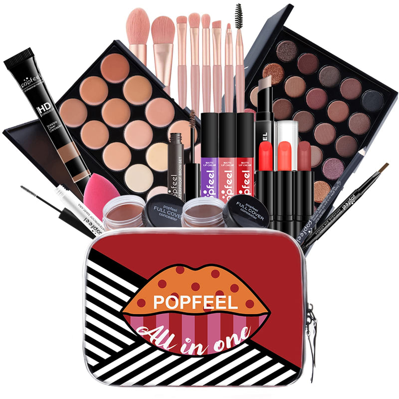 [Australia] - Makeup Kit For Women Full Kit, Naked Shimmer Eyeshadow Palette, Waterproof Black Eyeliner & Mascara, Makeup Tools Set, Lipstick, Premium Synthetic Foundation Powder for Medium to Dark Skin #pop004 