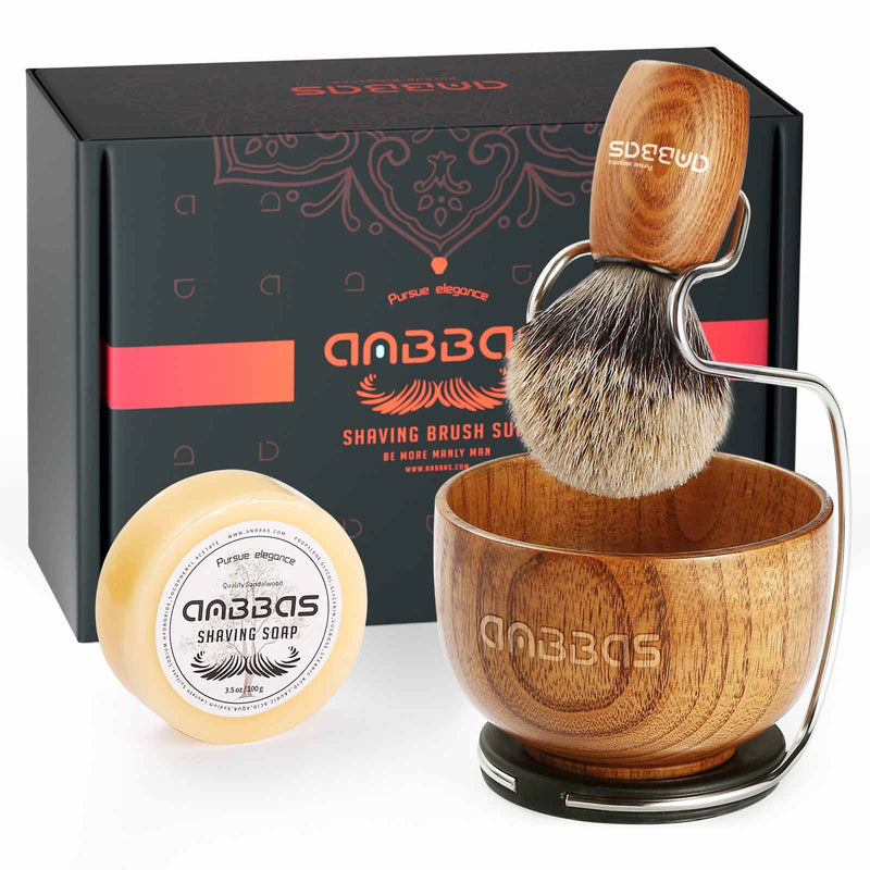 [Australia] - Anbbas Badger Hair Shaving Brush with Wood Handle,Large Soap Bowl,Stainless Steel Shaving Stand and 3.5 oz Natural Shaving Soap Puck Refill for Men Brown-Upgrade 