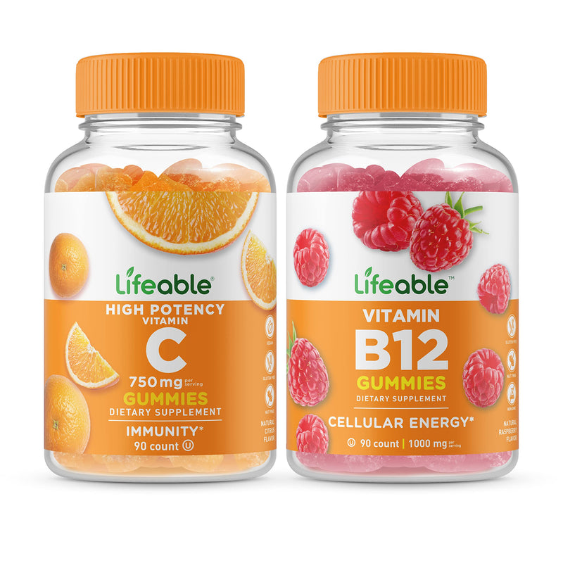Lifeable Vitamin C 750mg + Vitamin B12, Gummies Bundle - Great Tasting, Vitamin Supplement, Gluten Free, GMO Free, Chewable Gummy