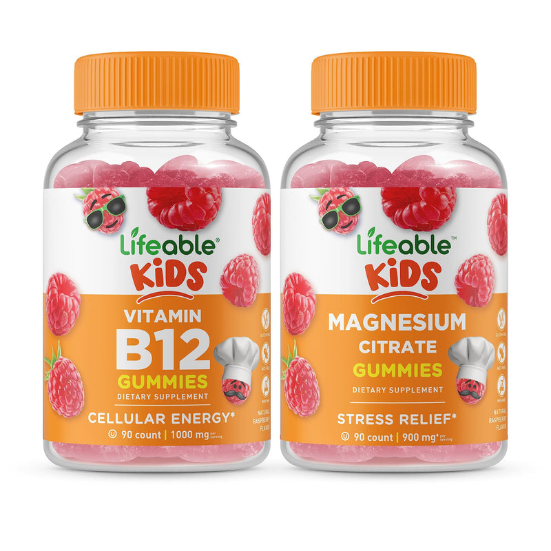 Lifeable Vitamin B12 Kids + Magnesium Kids, Gummies Bundle - Great Tasting, Vitamin Supplement, Gluten Free, GMO Free, Chewable Gummy