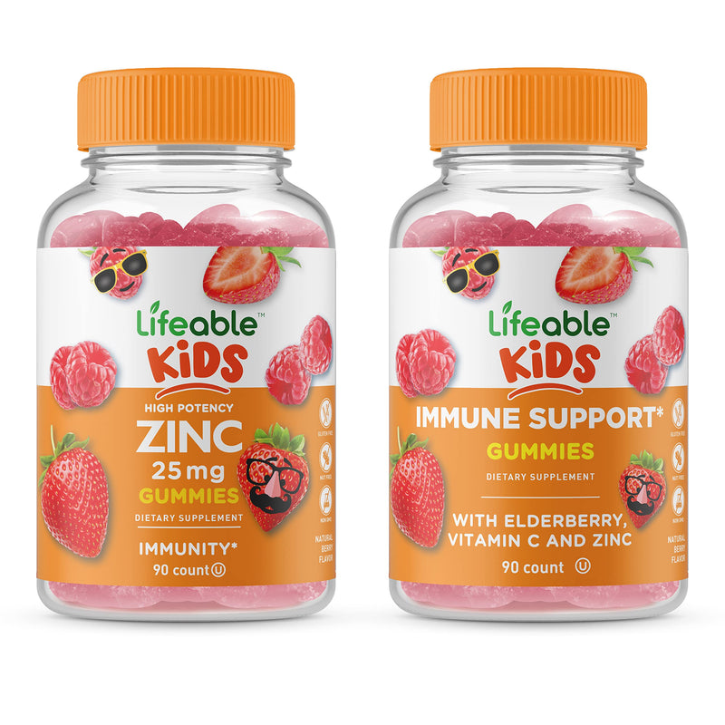 Lifeable Zinc 25mg Kids + Immune Support Kids, Gummies Bundle - Great Tasting, Vitamin Supplement, Gluten Free, GMO Free, Chewable Gummy