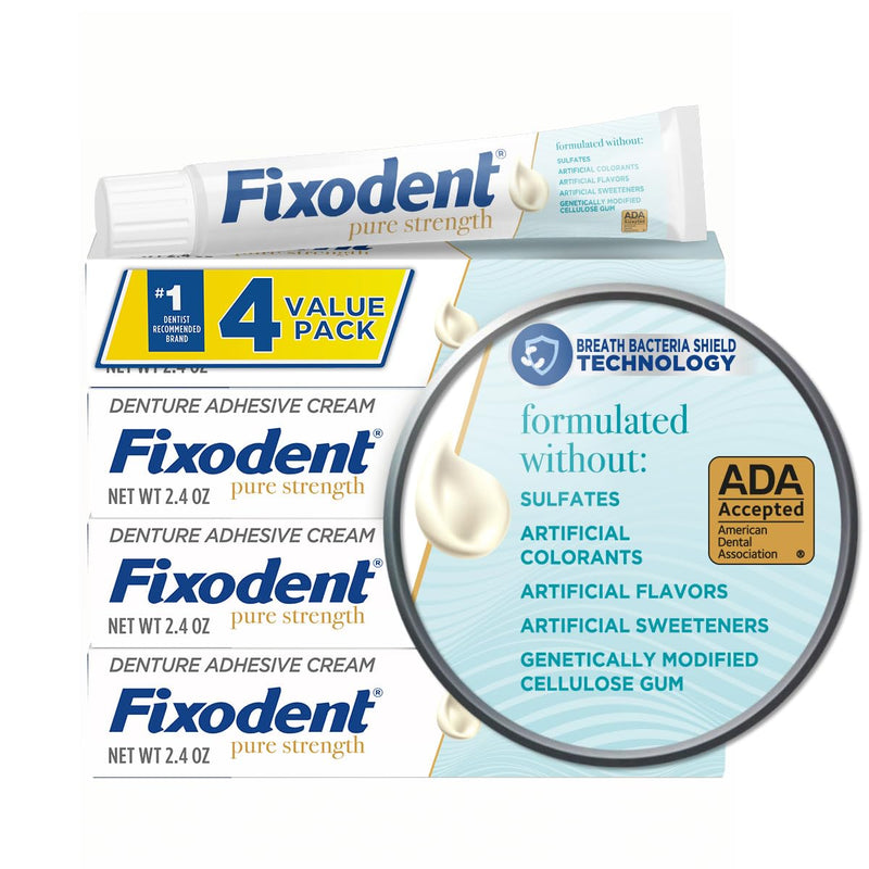 [Australia] - Fixodent Pure Strength Secure Denture Adhesive Cream for Full and Partial Denture Wearers, 2.4oz (Pack of 4) 