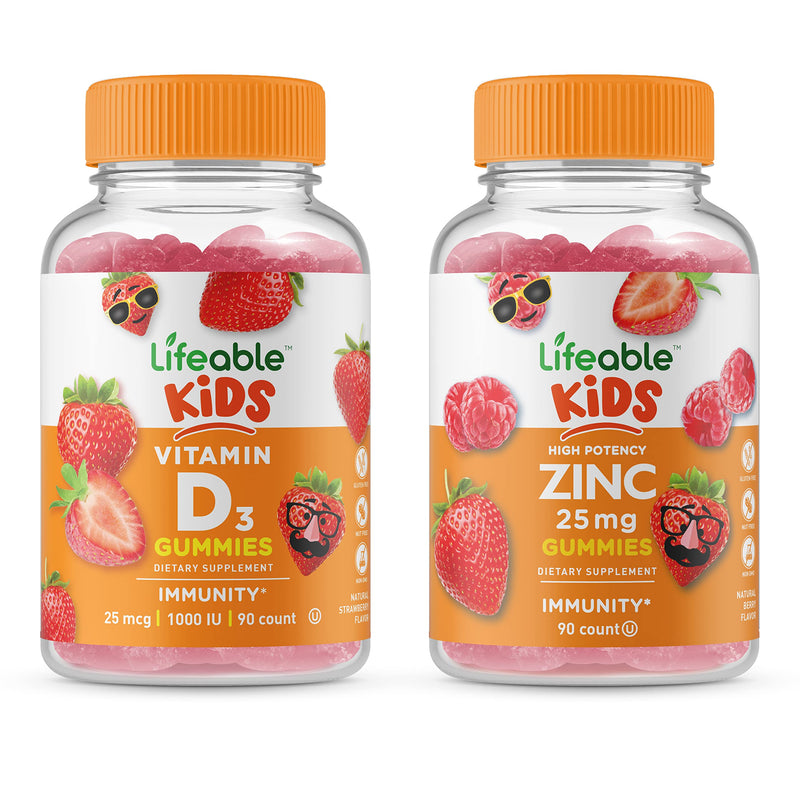 Lifeable Zinc 25mg Kids + Vitamin D Kids, Gummies Bundle - Great Tasting, Vitamin Supplement, Gluten Free, GMO Free, Chewable Gummy