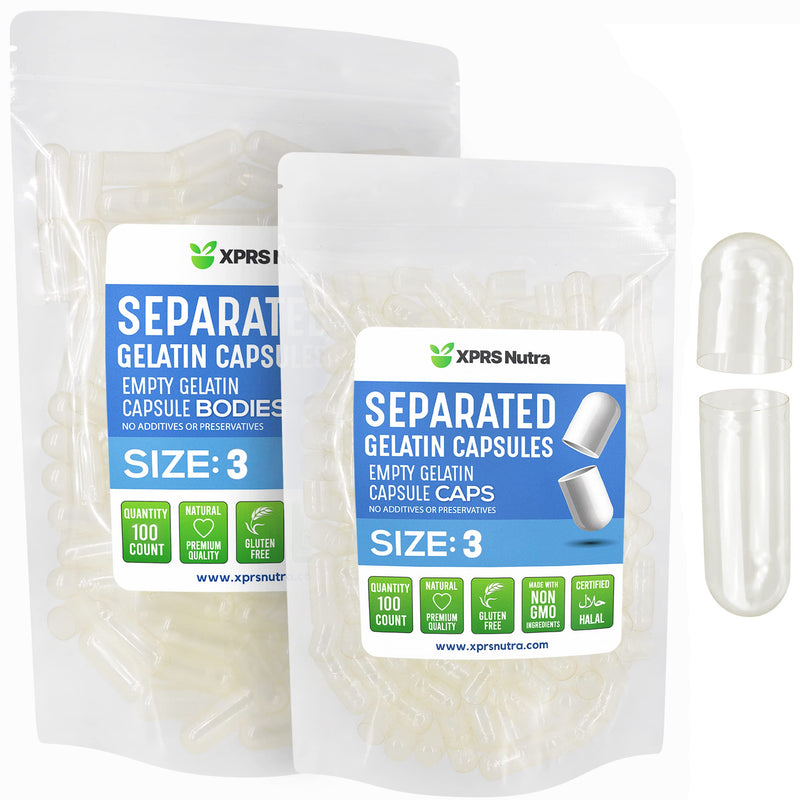 XPRS Nutra Gelatin Size 3 Separated Capsules - 100 Count Clear Empty Capsules Separated in Bags - Size 3 Gelatin Pills Gel Caps for Do-It-Yourself Vitamin and Supplement Filling 100 Count (Pack of 1)