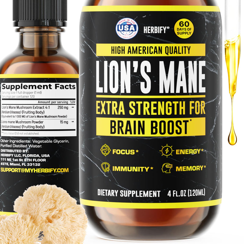 [Australia] - HERBIFY Lions Mane Supplement - Daily Mushroom Supplement for Memory, Focus & Clarity - Brain Booster - Lions Mane Tincture for Immune Support - 4 Fl oz Unflavored 4 Fl Oz (Pack of 1) 