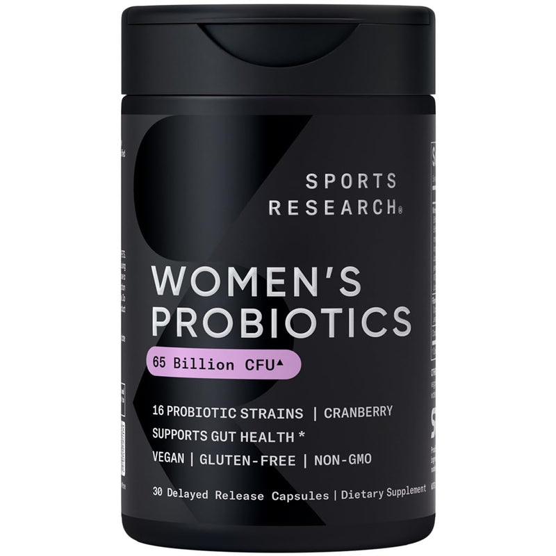 [Australia] - Sports Research Women's Probiotics with Prebiotics, 65 Billion CFU - Vegan Capsules for Gut Health & Digestive Support, Probiotics for Women with Cranberry - Non-GMO Verified & Gluten Free - 30 Count 