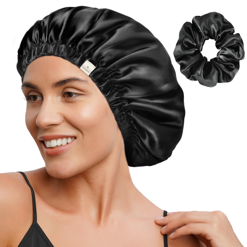 [Australia] - YANIBEST Satin Bonnet Silk Bonnet Hair Bonnet for Sleeping Hair Bonnets for Women Curly Natural Hair One Size Black 