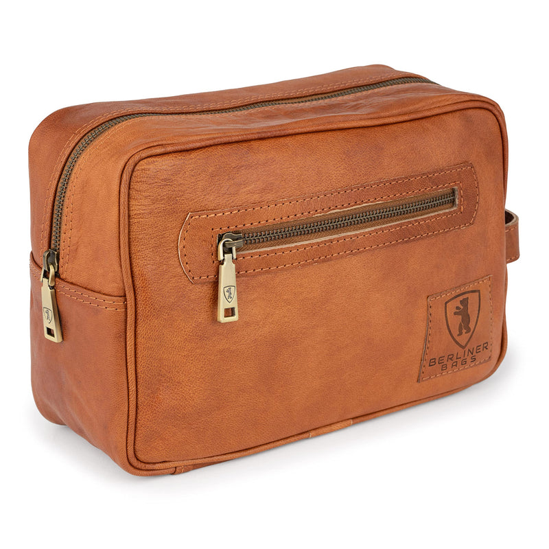 BERLINER BAGS Vintage Genuine Leather Toiletry Bag For Men Paul, Brown | Leather Travel Bag, 1-2 Zippered Compartment, Large Capacity, YKK Metal Zipper, Leather Handle 1 Compartment