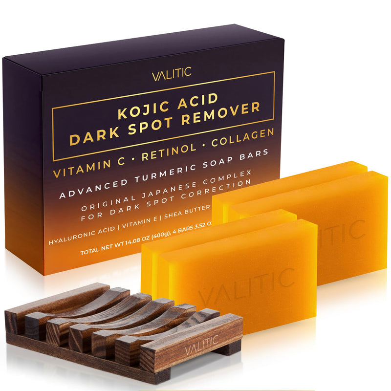 Valitic Kojic Acid Dark Spot Remover Soap Bar with Vitamin C, Retinol, Collagen, Turmeric - Original Japanese Complex - Hyaluronic Acid, Vitamin E, Shea Butter, Castile Oil ( 4 Pack ) With Soap Holder 4 Pack + Holder