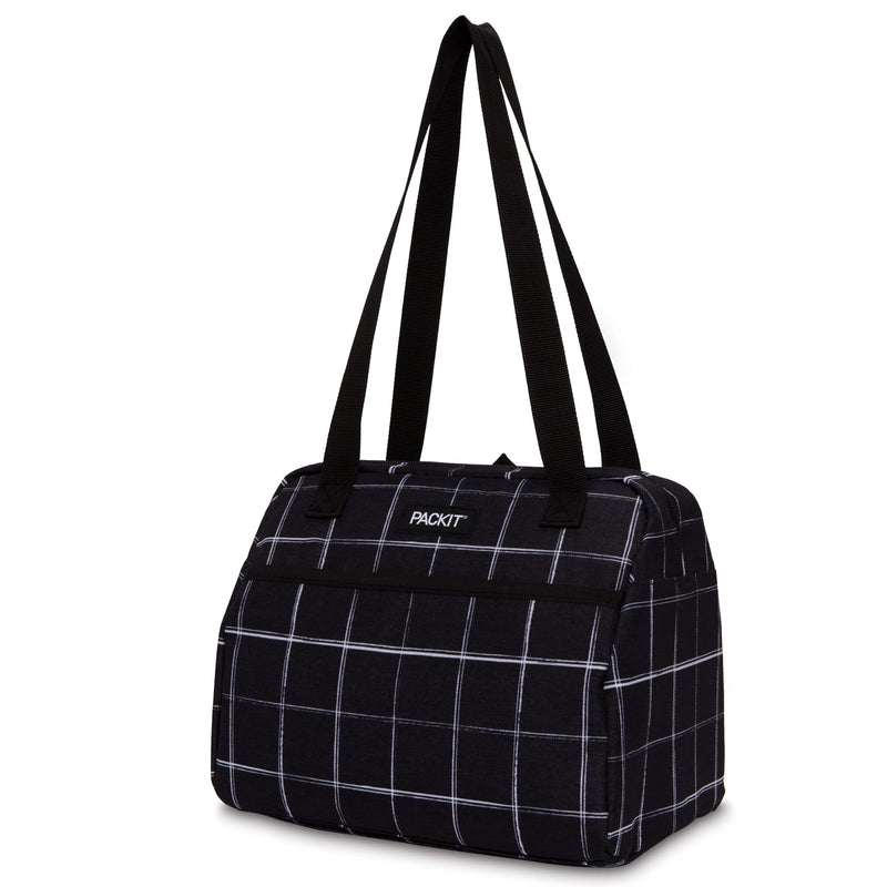 [Australia] - PackIt Freezable Hampton Lunch Bag, Black Grid, Built with EcoFreeze Technology, Collapsible, Reusable, Zip Closure with Front Pocket and Shoulder Straps, Perfect for Tweens and Adults 