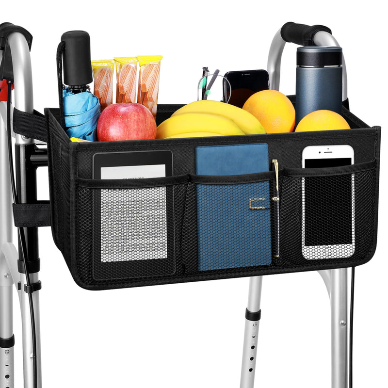[Australia] - Upgrade Dotday Walker Basket Walker Bag Water Cup Holder, Foldable Walker Storage Bag with Big Capacity & Never Tipping Over, Best Gift for Family - Black (Not Fit Rollator Walkers) 