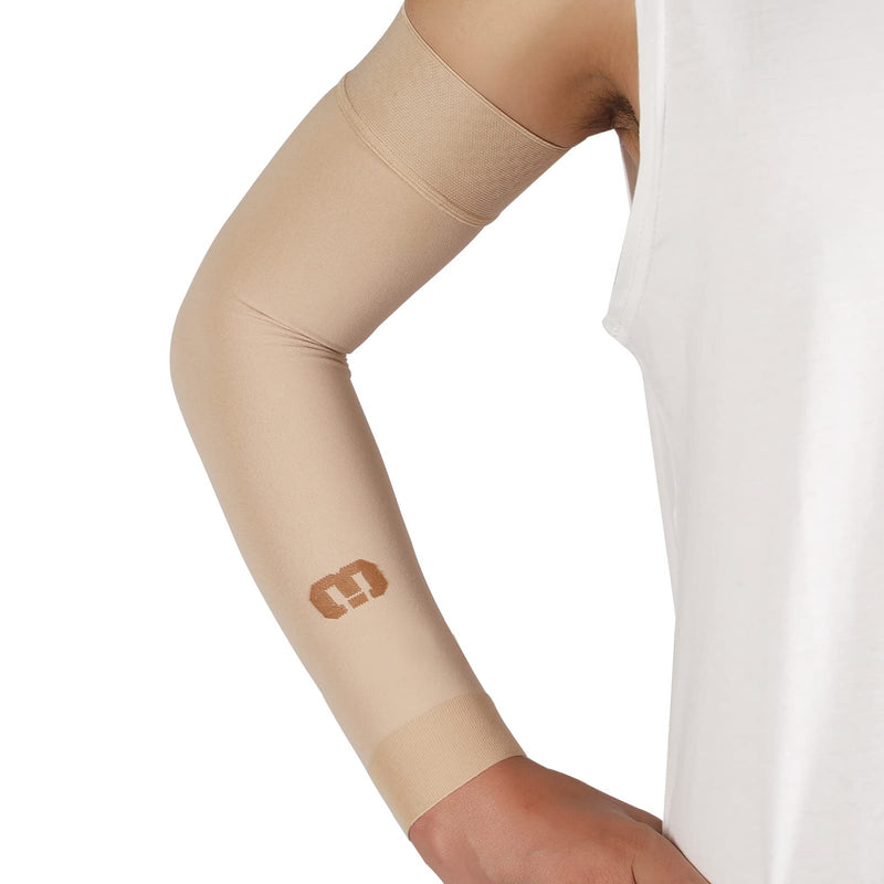 [Australia] - MGANG Lymphedema Compression Arm Sleeve for Women Men, Opaque, 15-20 mmHg Compression Full Arm Support with Silicone Band, Relieve Swelling, Edema, Post Surgery Recovery, Single Beige M Medium(Single) Beige (15-20 Mmhg With Silicone Band) 