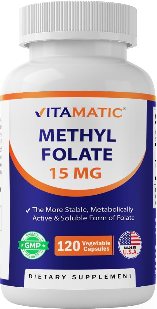 Vitamatic Methyl Folate 15 mg, 120 Vegetarian Capsules | Metabolically Active Form of 25000 mcg DFE Folate, Non GMO, Gluten Free, Made in USA