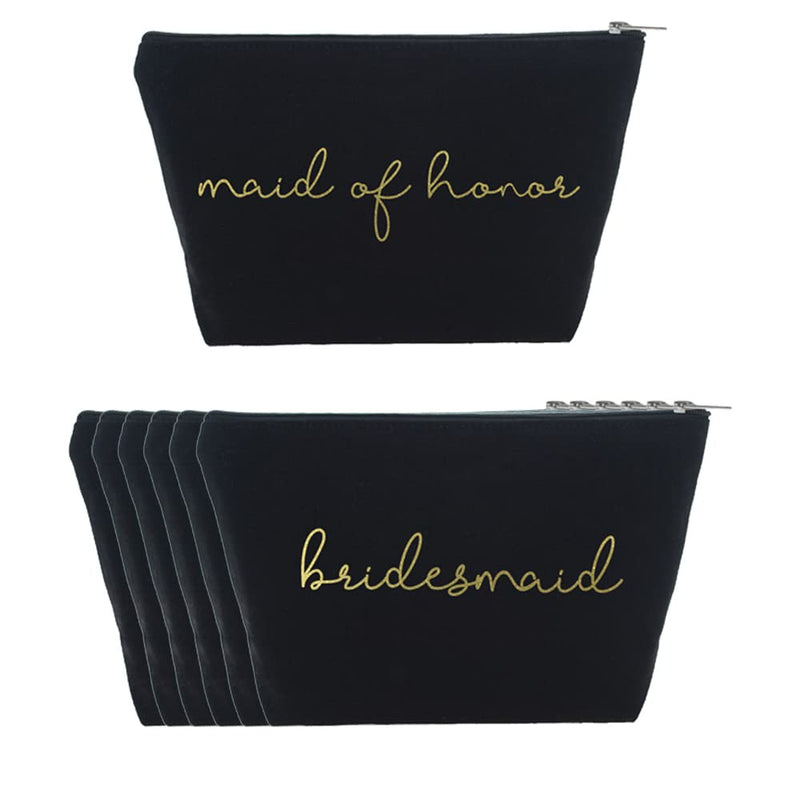 Tees & Tails Bridal Party Make Up Bag Set (Black, Bridesmaid (6 Qty) + Maid Of Honor (1 Qty)) Black Bridesmaid (6 Qty) + Maid of Honor (1 Qty)