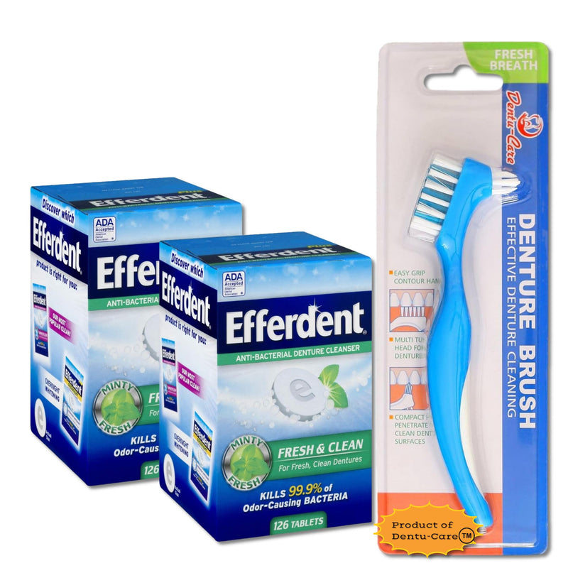[Australia] - efferdent Mint Fresh and Clean Denture Cleanser, 252 Tablets Bundle with Bundle with Dentu-Care Denture Brush Specifically Designed to Gently Clean Hard to Reach Areas for Full Partial Dentures 