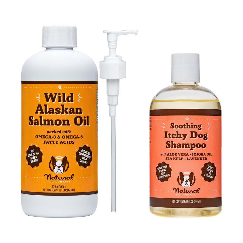Natural Dog Company Itchy Dog Shampoo (12 oz) Bundle with Wild Alaskan Salmon Oil (16 oz) | Hypoallergenic Shampoo and Sensitive Skin Supplement | Soothing Relief for Recurring Skin Conditions - PawsPlanet Australia