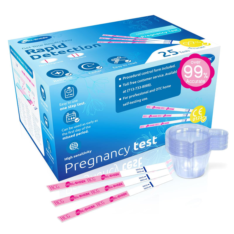 HEAL-CHECK Pregnancy Tests with Cup, Bulk Pregnancy Test Strips for Home Detection, Over 99% Accuracy, Individually Wrapped, Extra-Wide 5mm HCG Test Kit Comfortable Grip, 25 Count, Pruebas De Embaraz 1 Count (Pack of 25)