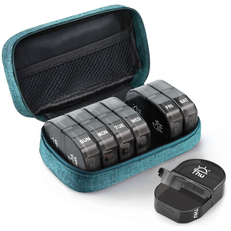 AUVON Canvas Bag Travel Pill Organizer 2 Times a Day, Large AM/PM Weekly Pill Box 7 Day Pill Case with Portable Cyan Zipper Cloth Bag for Holding Supplements, Vitamins and Fish Oils | Large Pill Organizer 2 Times a Day, Weekly Pill Box 7 Day for Supple...