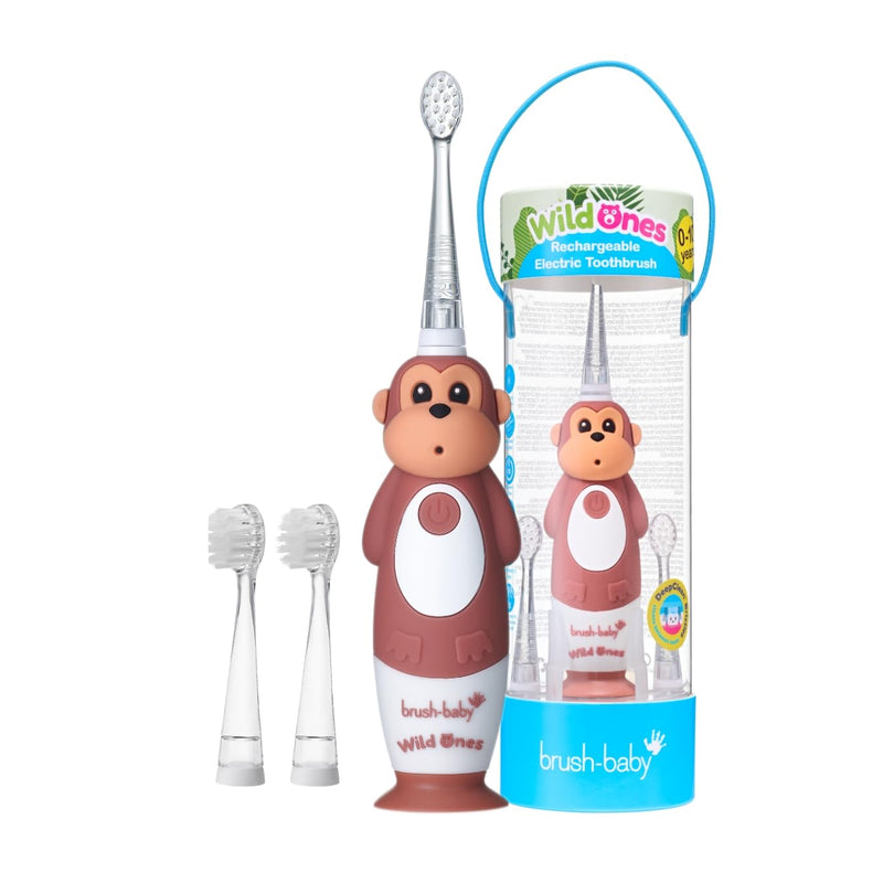 [Australia] - brush-baby WildOnes™ Rechargeable Kids Electric Toothbrush – Monkey | Flashing Lights, 2-Min Timer, Waterproof, 3 Brush Heads | Toddler & Child Toothbrush Ages 0-10 | Soft Bristles 