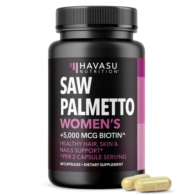 Saw Palmetto for Women with Bitoin 5000mcg Per Serving, 30-Day Supply | Vegan, Non-GMO DHT Blocker for Women for Hair, Skin and Nails, Saw Palmetto Extract with Biotin for Thicker Looking Hair 60 Count (Pack of 1)