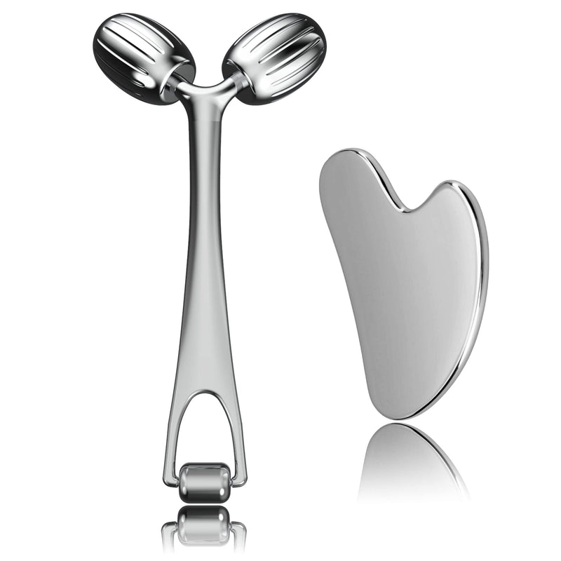 [Australia] - Yeamon Gua Sha Facial Tools and Face Roller Set, Facial Massage Tool for Women’s Skincare Routine,Cooling Stainless Steel Face Sculpting Eyes Roller Guasha for Daily Use or Self-Care Gift for Women Silver 