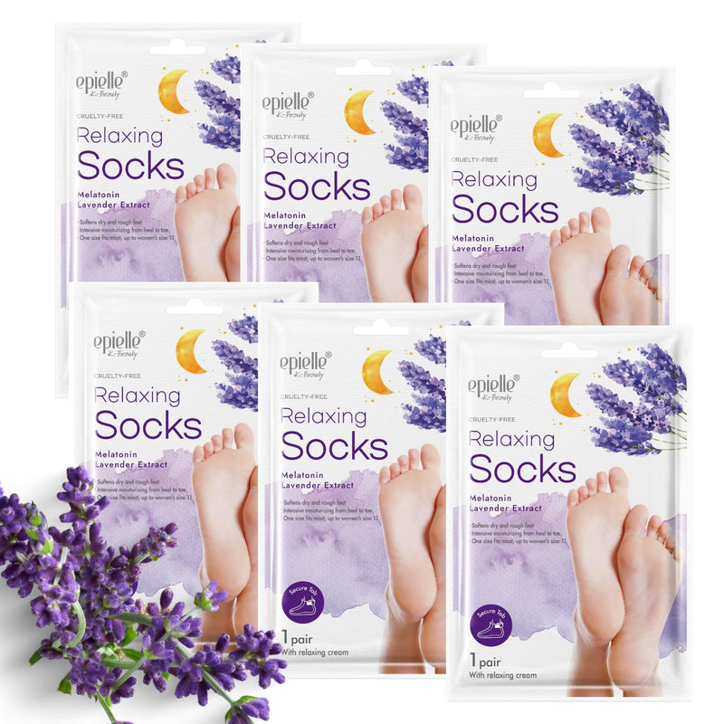 Epielle Relaxing Foot Mask 6 Pairs, Soften and Restore with Melatonin & Lavender Extract, Deep Moisturizing Socks for Dry, Cracked Feet, Self Care Gifts for Women, Spa Kit Relaxing Socks