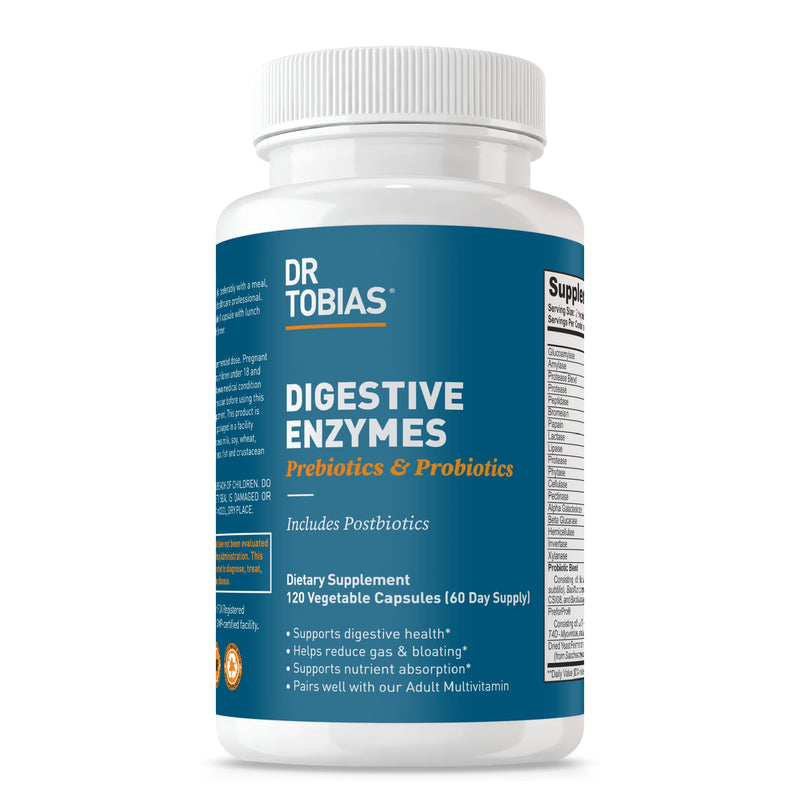 Dr. Tobias Digestive Enzymes + Prebiotics & Probiotics 120 Capsules | Digestion & Gut Support | Enzymes + Prebiotics + Probiotics + Postbiotics | Bromelain, Amylase & Lipase | 60 Servings