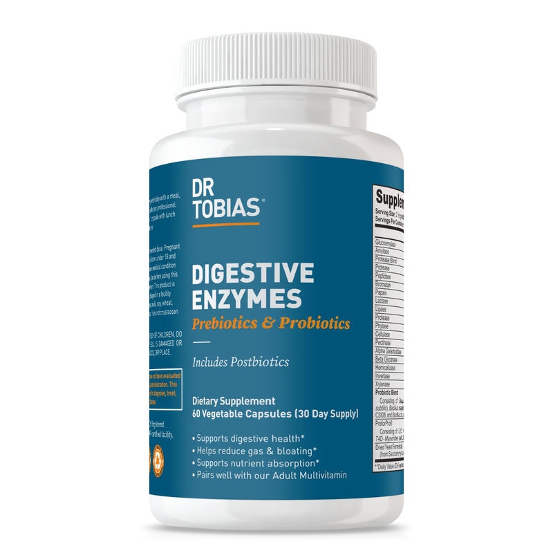 Dr. Tobias Digestive Enzymes + Prebiotics & Probiotics 60 Capsules | Digestion & Gut Support | Enzymes + Prebiotics + Probiotics + Postbiotics | Bromelain, Amylase & Lipase | 30 Servings
