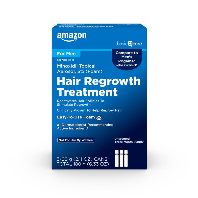 Amazon Basic Care Minoxidil Topical Aerosol, 5% Foam, Hair Regrowth Treatment for Men, Unscented, 2.11 oz, 3-Month Supply (3-Pack) 2.11 Ounce (Pack of 3)