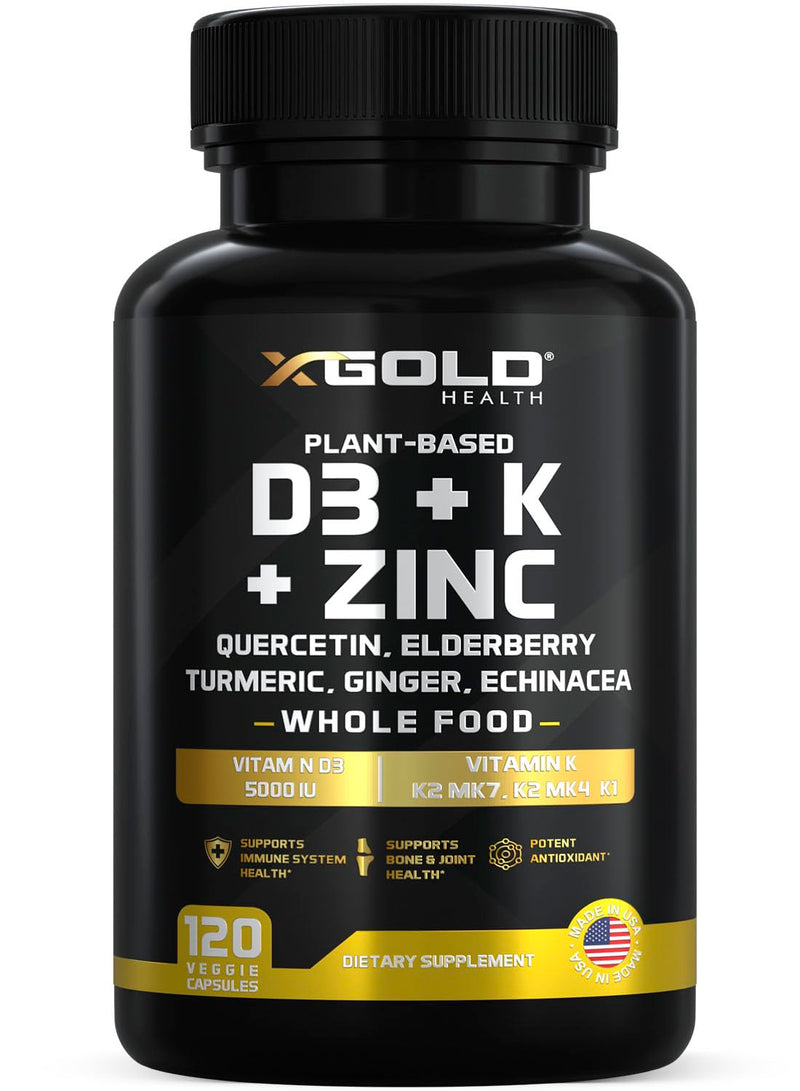 Vitamin D, K2, K1, Zinc, Quercetin, Elderberry, Turmeric, Ginger & Echinacea Whole Food Supplement 8 in 1- D3 5000 IU Plant-Based from Lichen, Vitamin K (K2 MK7, MK4, K1), D3 K2 Vitamins -120 Capsules 120 Count (Pack of 1) Vitamin D3 Complex