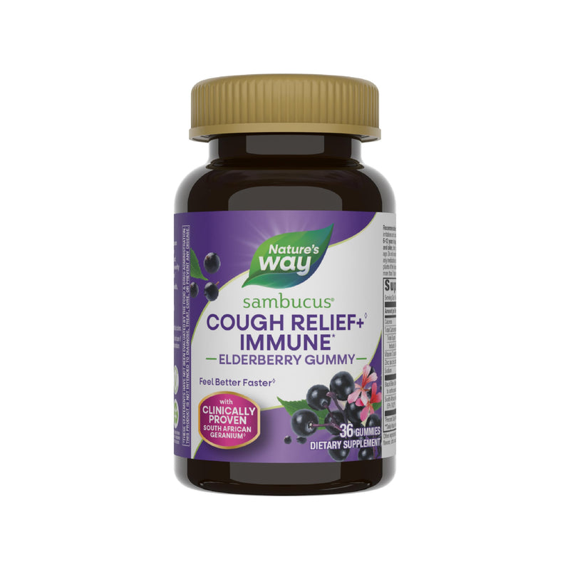 Nature's Way Sambucus Cough Relief +(1) Immune* Elderberry Gummy, 36 ct | Gummy with Clinically Proven South African Geranium Root Extract(1), Elderberry Extract, Vitamin C & Zinc 36 Count